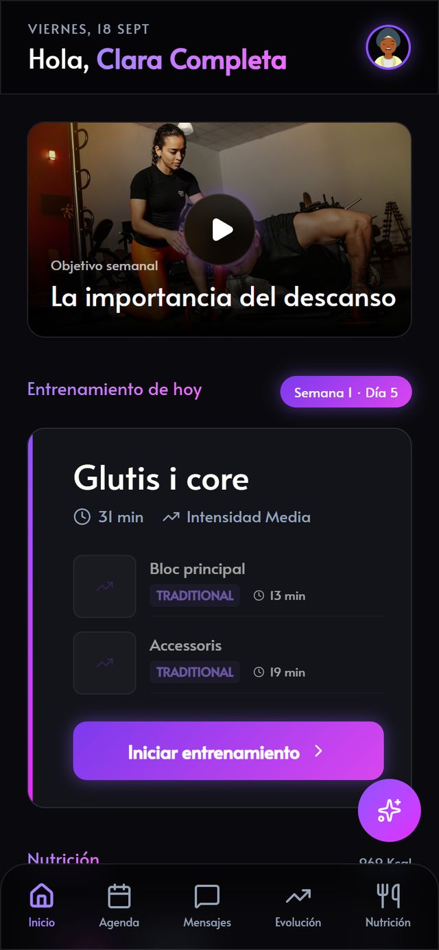 Inicio de la app con el entrenamiento del día
