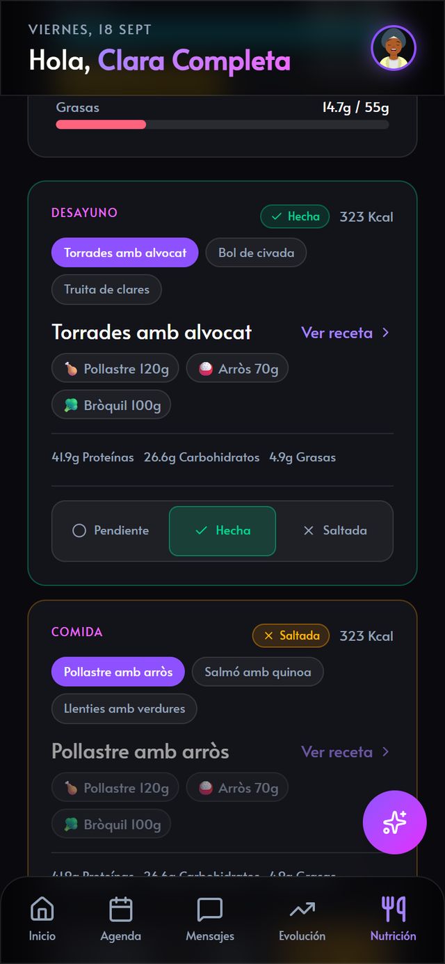 Menú del día con tres opciones por comida, ingredientes y macros