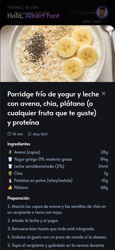 Ficha de una receta con su foto, los ingredientes pesados y los pasos de preparación
