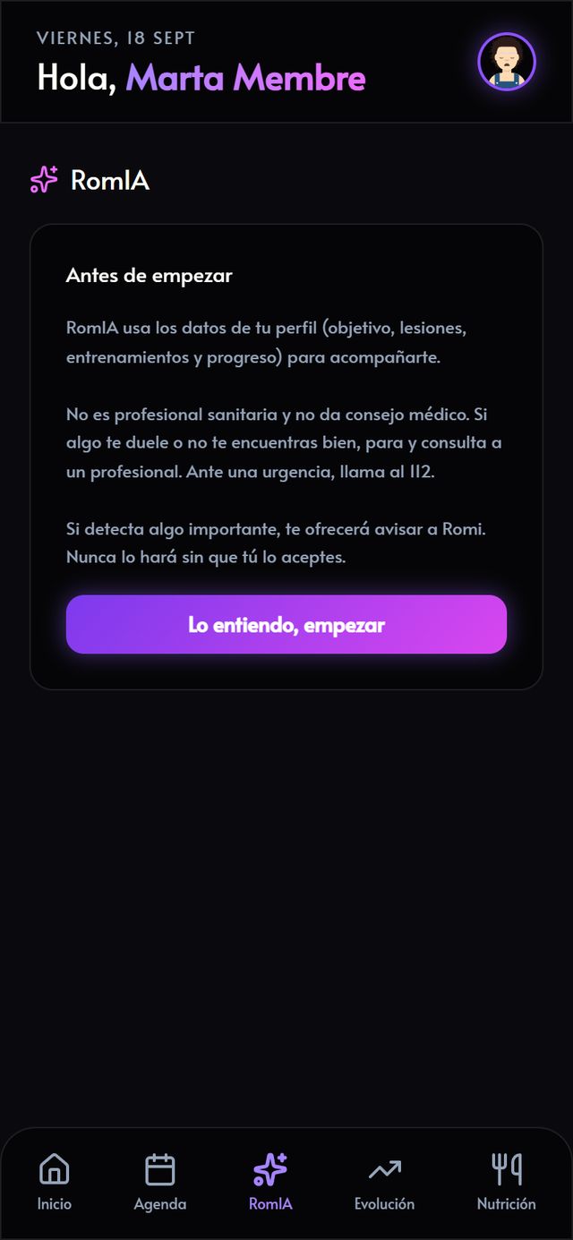 Pantalla de RomIA con el aviso previo sobre qué es y qué no es